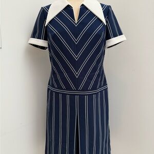 Vintage Navy Striped Dress with White Accents